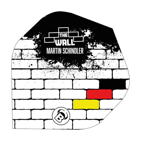Bulls B-Star Martin Schindler White No2 Standard Flights Das Bild zeigt ein Dart Flight mit einem weißen Ziegelmuster und schwarzen, roten und gelben Farbfeldern. Oben steht der Schriftzug "THE WALL MARTIN SCHINDLER".