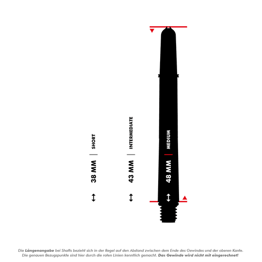 Target Pro Grip EVO Raymond Van Barneveld Chrono Titanium Shafts Dieses Bild zeigt drei verschiedene Längen von Dartshafts: 38 mm (Short), 43 mm (Intermediate) und 48 mm (Medium). Die roten Linien markieren die genauen Bezugspunkte zur Längenmessung, wobei das Gewinde nicht mit einberechnet wird.