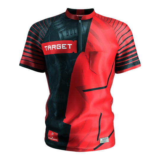 Das Bild zeigt das Target Coolplay Stephen Bunting 2025 Dartshirt. Das Shirt ist rot-schwarz gestaltet mit auffälligen Streifen und dem weißen "TARGET" Logo auf der Brust.