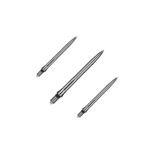 Końcówki do lotek Caliburn EZ-EVO – rowkowane – srebrne Dargestellt ist ein Set von gerillten, silbernen Dartspitzen mit einer Länge von 28 mm. Das Set eignet sich besonders für Dartspieler, die Wert auf Präzision legen.
