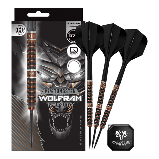 Hier sieht man die Harrows Wolfram Trinity Quick Point Steeldarts in voller Ansicht. Die Steeldarts zeichnen sich durch innovative Technik aus.