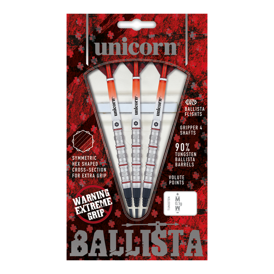 Unicorn Ballista Style 4 miękkie lotki Das Bild zeigt die „Unicorn Ballista Style 4 Softdarts“ in einer rot-schwarzen Verpackung. Drei Softdarts mit auffälliger Griffstruktur und Zubehör sind sichtbar angeordnet.