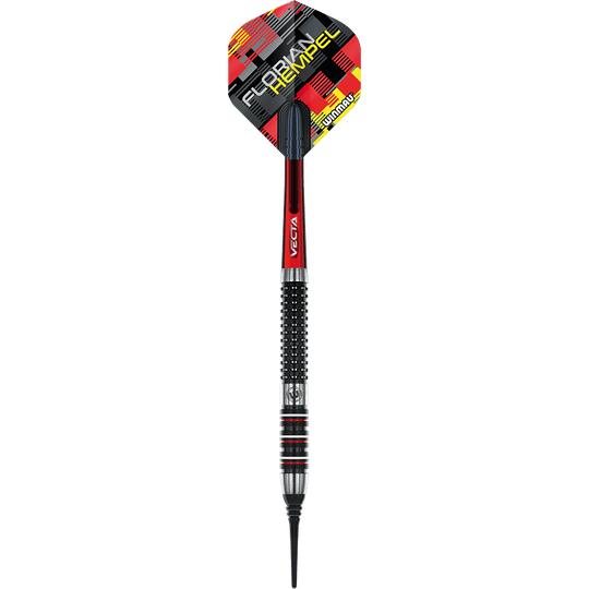 2466_Winmau_Florian_Hempel_Softdarts_1akpLr2CixJVwy Das Bild zeigt einen Winmau Florian Hempel Softdart mit einem Gewicht von 21g. Die Flights sind bunt gestaltet und tragen den Namen "Florian Hempel".