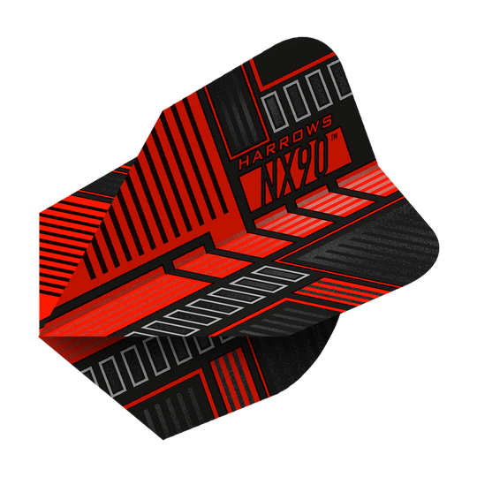 HR50_Harrows_Prime_NX90_Red_No6_Flights_2 Das Bild zeigt das Produkt "Harrows Prime NX90 Red Flights". Die Flights haben ein modernes Design in Rot, Schwarz und Silber mit auffälligen Linienmustern.