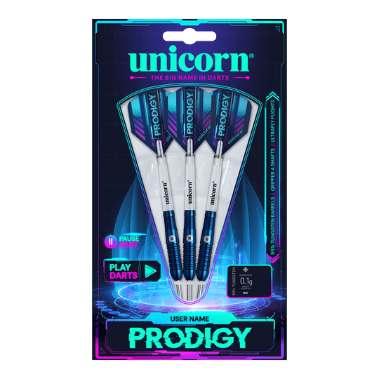 Unicorn Prodigy 02 Torpedo stalowe lotki Das Bild zeigt eine Packung mit drei Unicorn Prodigy 02 Torpedo Steeldarts. Die Verpackung ist farbenfroh gestaltet und hebt das Produkt und den Markennamen hervor.