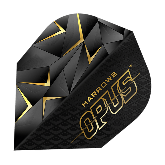 Opus Harrowa Wersja 3 Loty Das Bild zeigt ein Harrows Opus Version 3 Flight für Dartpfeile. Das Flight ist schwarz mit goldenen geometrischen Mustern und dem Schriftzug "Harrows Opus".