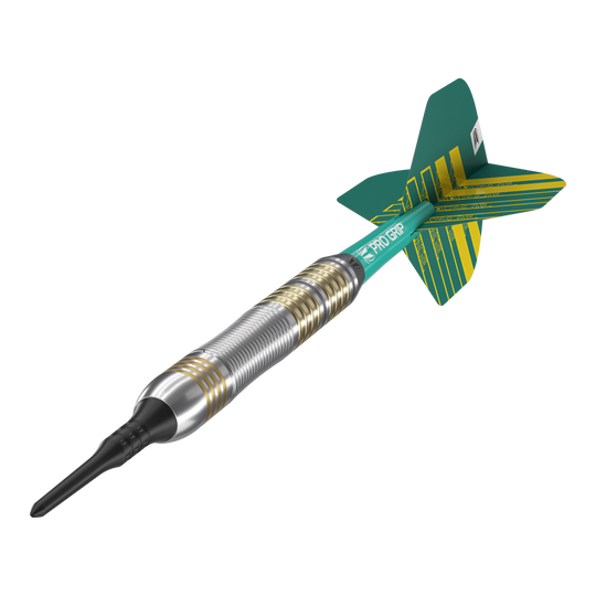 Lotki miękkie Target Rob Cross Brass - 18g Das Bild zeigt einen Target Rob Cross Brass Softdart mit einem Gewicht von 18 Gramm. Der Dart hat einen silbernen und goldenen Ringgriff sowie grüne Flights mit gelben Streifen.