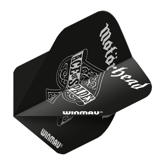 6905-210_Winmau_Rockstar_Legends_Mot-rhead_AoS_Standard_Flights_2 Das Bild zeigt ein schwarzes Dartflight mit der Aufschrift "Motörhead" und "Ace of Spades". Das Produkt ist von der Marke Winmau und trägt das Rockstar Legends Design.