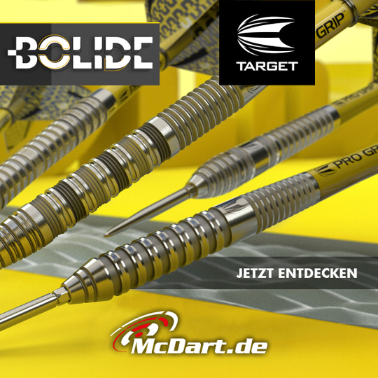 190051_Target_Bolide_Swiss_Point_Steeldarts_admediaiDDB8lUflwfQG Das Bild zeigt die Target Bolide 02 Swiss Point Steeldarts in Nahaufnahme. Im Vordergrund ist das Logo von McDart.de und der Schriftzug "JETZT ENTDECKEN" zu sehen.