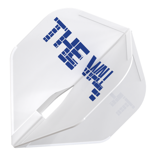 Loty Martin Schindler White L1PRO w stylu L Das Bild zeigt einen weißen Dartflight mit der Aufschrift "THE WALL" in blauer Farbe. Es handelt sich um das Produkt "L-Style Martin Schindler Weiß L1PRO Flights".