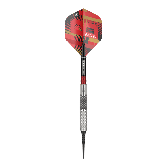 Lotki miękkie Target Stephen Bunting GEN5 - 18 g Auf dem Bild ist ein Softdart der Marke Target Stephen Bunting GEN5 mit einem Gewicht von 18 Gramm zu sehen. Der Dart hat ein auffälliges, rot-schwarzes Design mit der Aufschrift "BULLET" auf dem Flight.