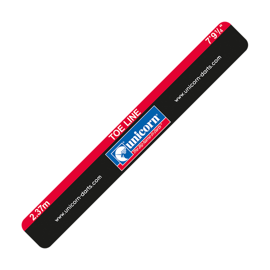 Das Bild zeigt das Produkt "Unicorn Toe Line Abwurflinie" mit rot-schwarzem Design. In der Mitte steht das Unicorn-Logo und die Abwurfdistanz ist mit 2,37 m (7'9¼'') angegeben.