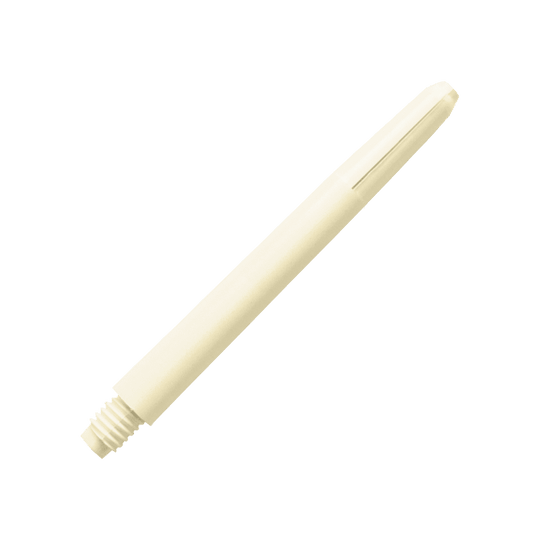578_Nylon_Shafts_Naturweiss_48mm_2 Das Bild zeigt einen Nylon-Schaft in naturweißer Farbe. Der Schaft hat ein einfaches, schlankes Design mit einem Gewinde am unteren Ende.
