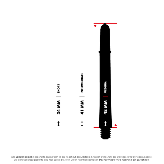 Target Pro Grip Vision Shafts - 3 zestawy - niebieskie Das Bild zeigt drei Längenoptionen für einen Dart-Schaft: 34 mm (Short), 41 mm (Intermediate) und 48 mm (Medium). Die Längen werden durch schwarze Silhouetten mit roten Markierungen und klaren Beschriftungen dargestellt.