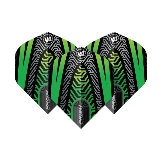 Das Bild zeigt drei Dartflights des Modells "Winmau Prism Alpha Schwarz Grün No2 Standard". Die Flights haben ein auffälliges, modernes Design in Schwarz, Grün und silbernen Linienmustern.