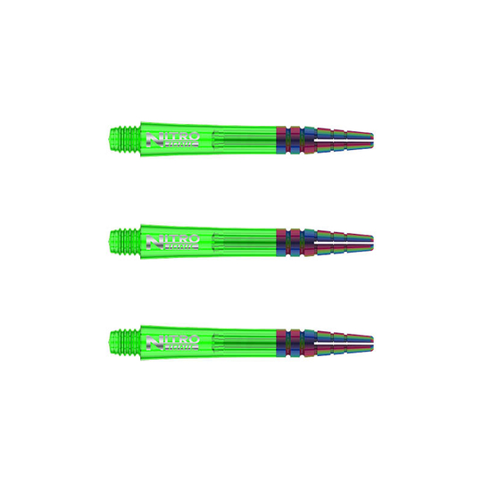 C604_Nitro_Ionic_Short_Green_Shafts Das Bild zeigt drei grüne RedDragon Nitrotech Ionic Shafts. Die Schäfte sind länglich, haben ein glänzendes Aussehen und sind für Dartpfeile geeignet.