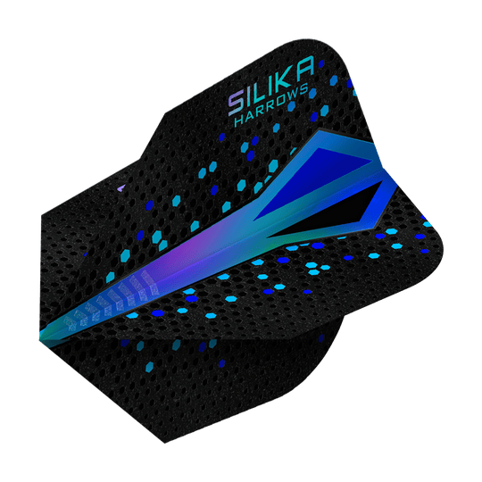 Powłoka krystaliczna Harrows Silika Colourshift Tough Blue No6 Flights Das Bild zeigt ein Dartflight mit dem Namen "Harrows Silika Colourshift Tough Crystalline Coating Blue No6". Das Flight ist überwiegend schwarz mit einem blauen, schimmernden Muster und sechseckigen Akzenten.