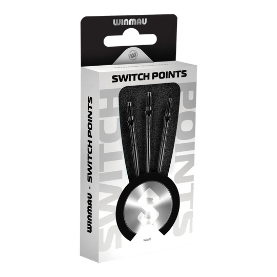 Zu sehen sind die Winmau Switch Point Wave Steeldartspitzen in Schwarz. Diese Steeldartspitzen eignen sich optimal für ein präzises Dartspiel.