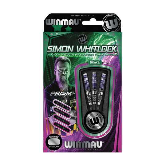 Lotki stalowe Winmau Simon Whitlock Special Edition 2020 Die Abbildung zeigt das Produkt „Winmau Simon Whitlock Special Edition 2020 Steeldarts“ in der Originalverpackung. Auf der Verpackung sind drei Steeldarts und ein Bild von Simon Whitlock zu sehen.