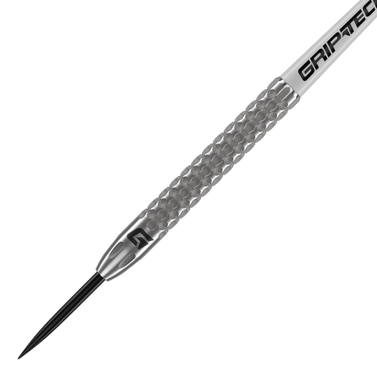 Lotki GOAT Fairway V2 ze stali wolframowej Dies ist ein GOAT Fairway V2 Tungsten Steeldart. Er hat eine silberne, strukturierte Oberfläche mit dem Schriftzug "GRIPTEC" auf dem Schaft.