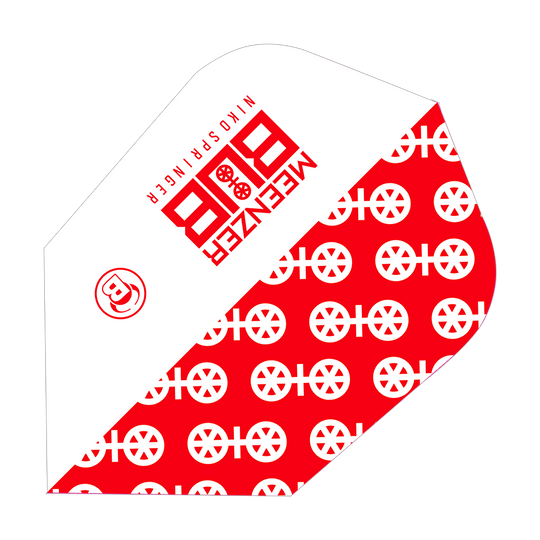 Bulls X-Powerflite Niko Springer XXL B-Standard Flights Das Bild zeigt ein Dartflight-Produkt mit dem Namen "Bulls X-Powerflite Niko Springer XXL B-Standard Flights". Das Design ist rot-weiß und trägt auffällige Logos und Muster.