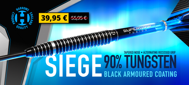 Das Bild zeigt einen Werbebanner für einen Dartpfeil der Marke Harrows mit 90% Tungsten und schwarzer Beschichtung. Der Preis ist von 55,95 € auf 39,95 € reduziert.