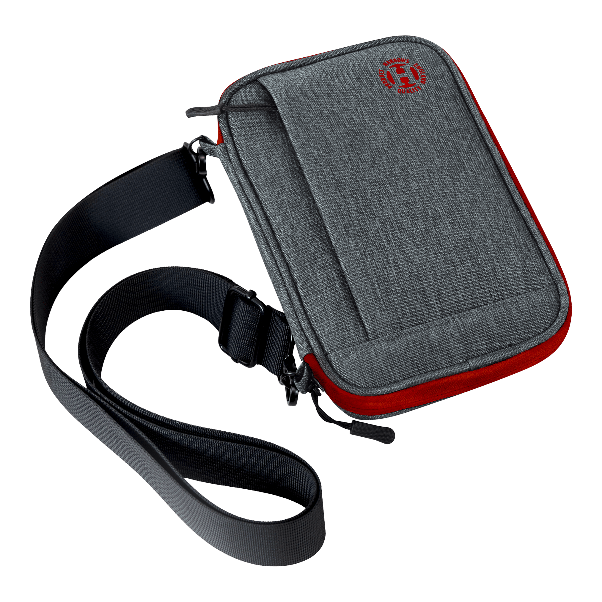 Etui na lotki Harrows Smart Case XL Das Bild zeigt eine graue Darttasche mit roten Akzenten und einem schwarzen Schultergurt. Auf der Vorderseite ist ein rundes rotes Logo sichtbar.