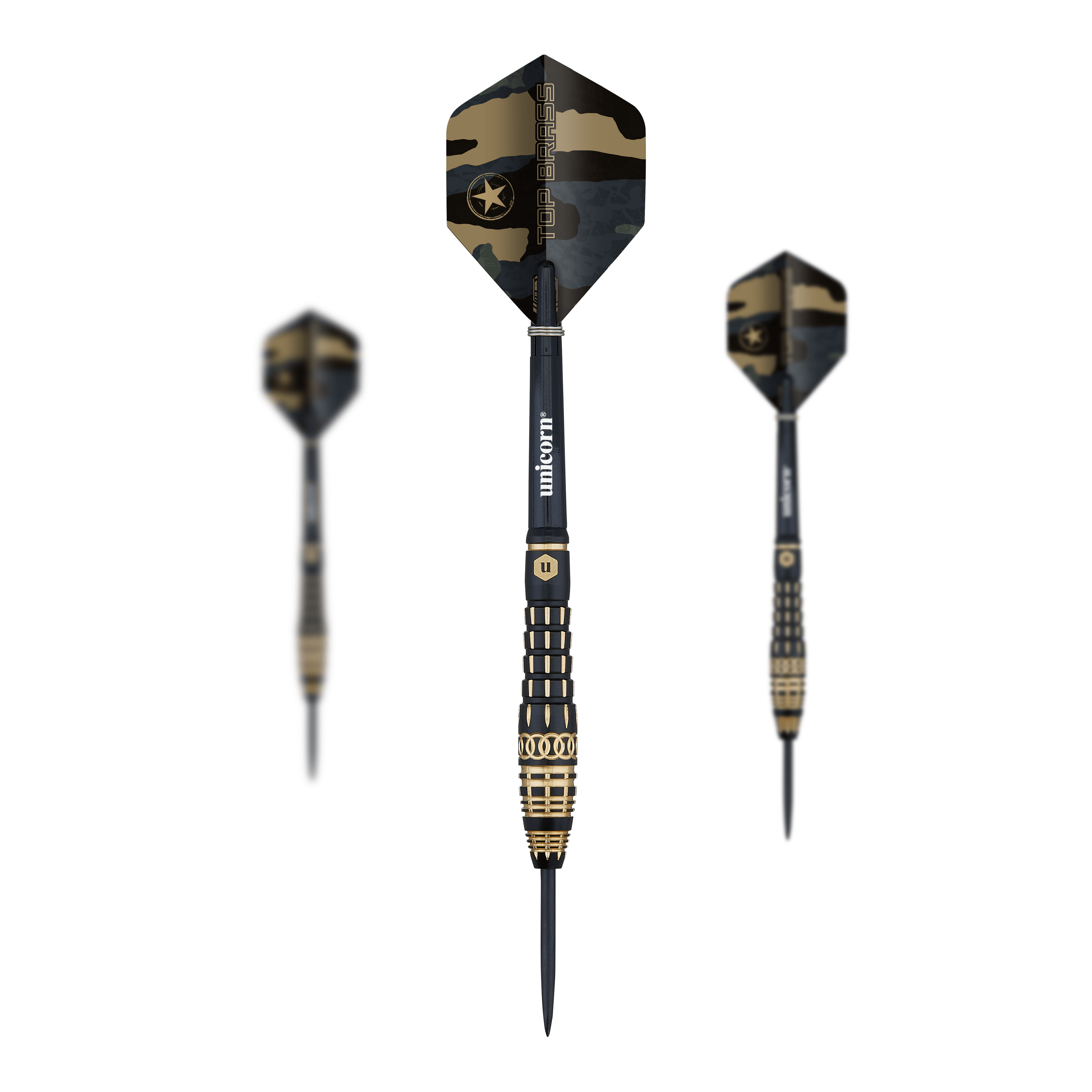 Unicorn Top Brass V4 Steeldarts - 20g Das Bild zeigt den Dartpfeil „Unicorn Top Brass V4 Steeldarts - 20g“. Der Pfeil hat eine schwarze und goldene Farbe sowie ein Tarnmuster auf dem Flight.