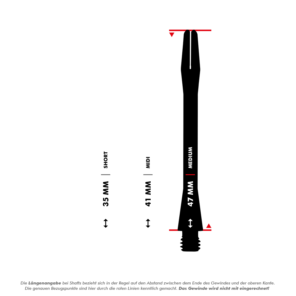 HR366_Harrows_Keramic_Shafts_5_47mmiPhmTdPXKeuFG Das Bild zeigt die Längen der Harrows Keramic Shafts in Weiß in den drei Varianten Short (35 mm), Midi (41 mm) und Medium (47 mm). Die Längen werden jeweils zwischen dem Ende des Gewindes und der oberen Kante gemessen.