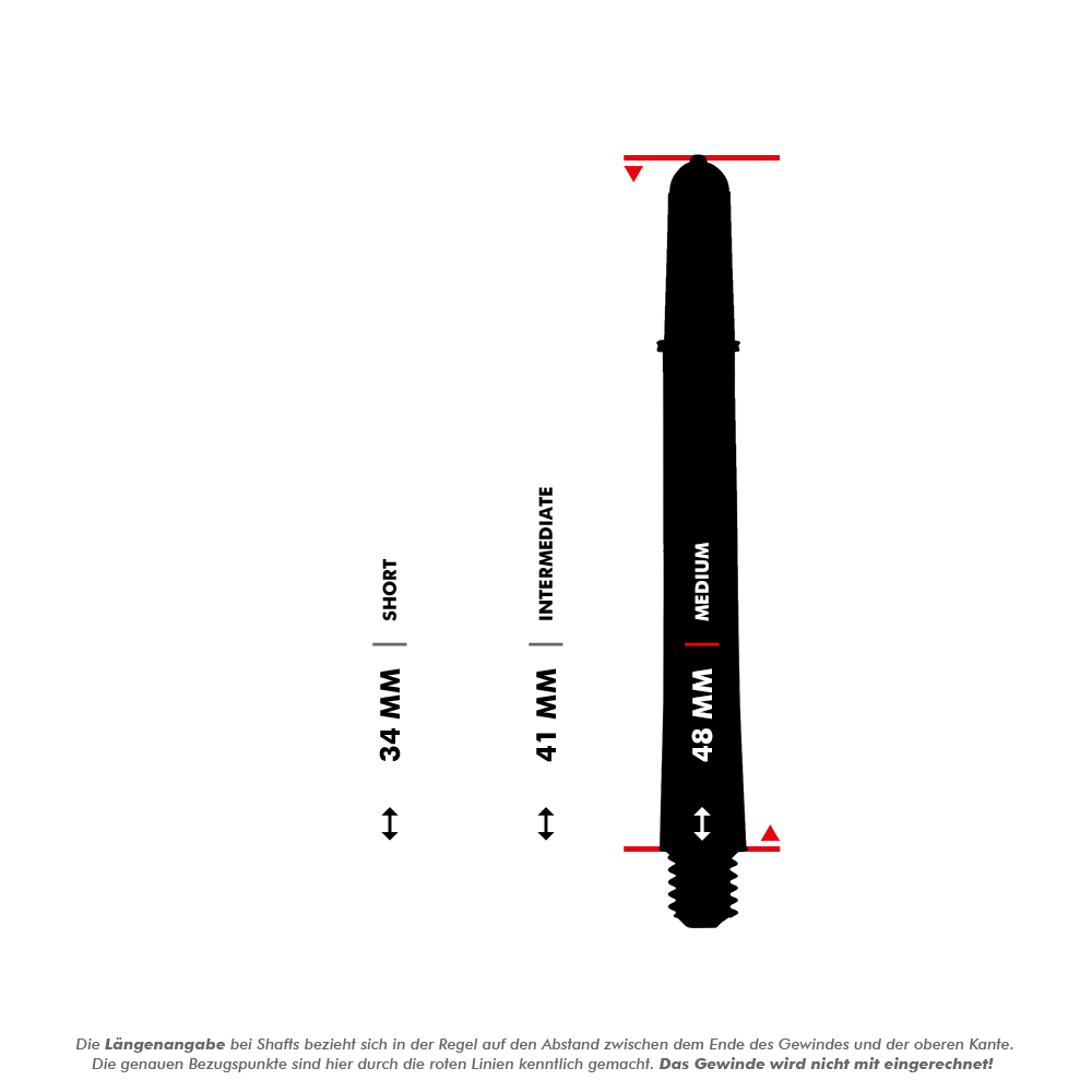 Target Pro Grip Vision Shafts - 3 zestawy - niebieskie Das Bild zeigt drei Längenoptionen für einen Dart-Schaft: 34 mm (Short), 41 mm (Intermediate) und 48 mm (Medium). Die Längen werden durch schwarze Silhouetten mit roten Markierungen und klaren Beschriftungen dargestellt.
