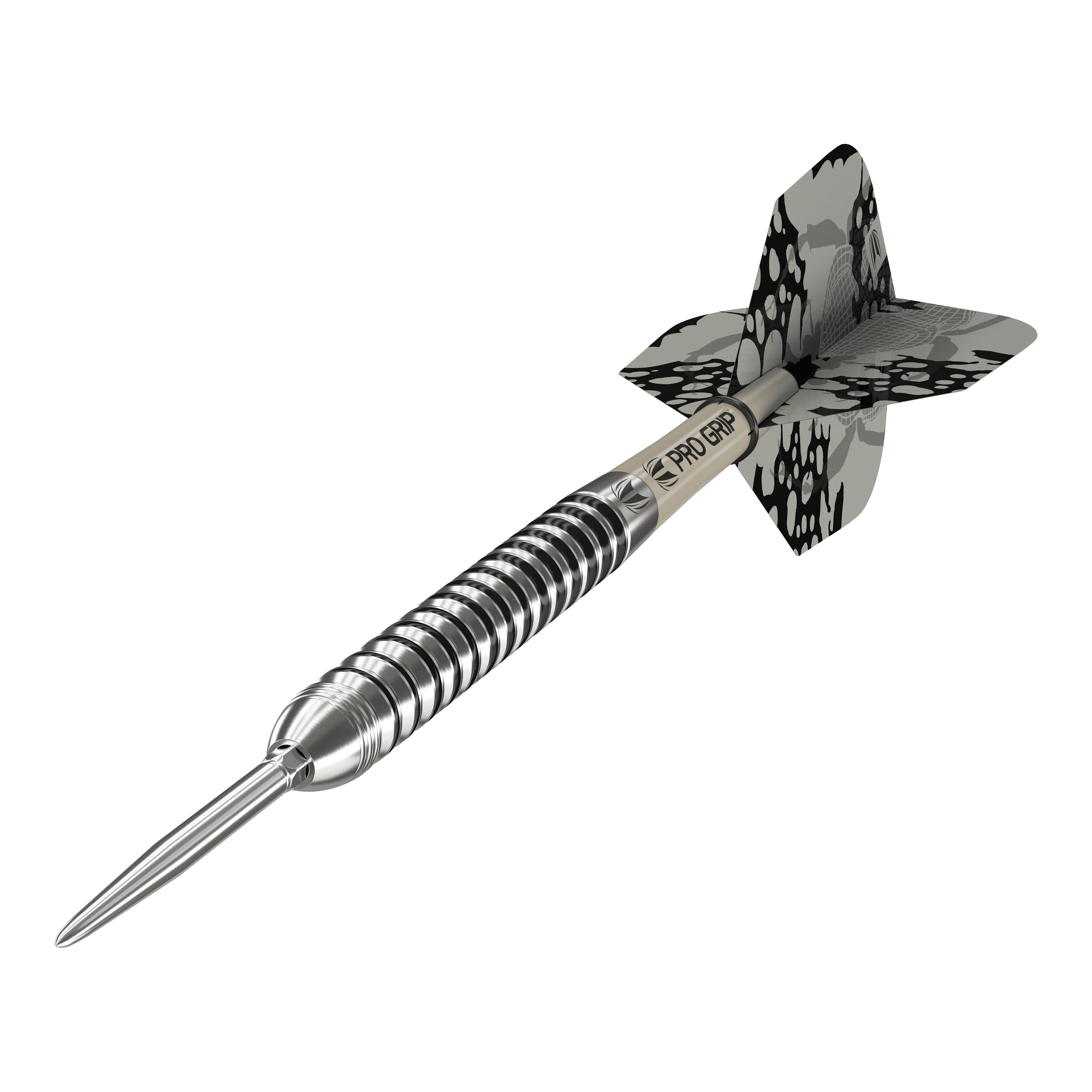 Stalowe lotki Target EXO SP01 Swiss Point Dies ist ein Target EXO SP01 Swiss Point Steeldart. Der Dartpfeil hat ein silbernes, gerilltes Barrel und schwarze Flights mit Muster.