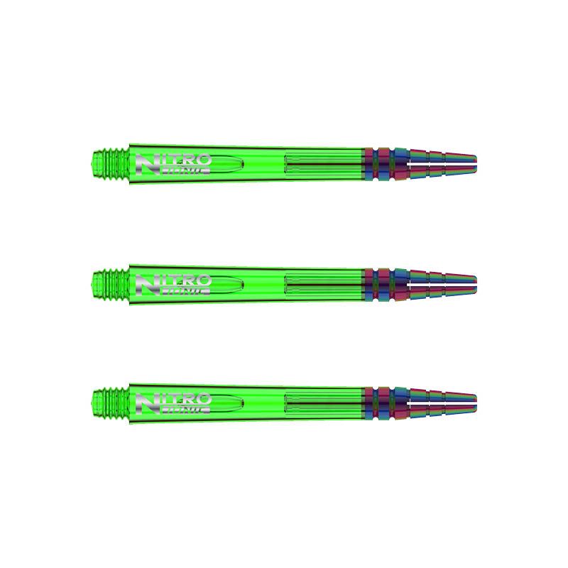 C609_Nitro_Ionic_Medium_Green_Shafts Das Bild zeigt drei grüne RedDragon Nitrotech Ionic Shafts, die nebeneinander liegen. Sie sind lang und haben am Ende eine mehrfarbige Spitze.