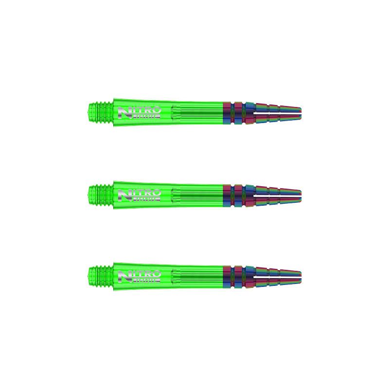 C604_Nitro_Ionic_Short_Green_Shafts Das Bild zeigt drei grüne RedDragon Nitrotech Ionic Shafts. Die Schäfte sind länglich, haben ein glänzendes Aussehen und sind für Dartpfeile geeignet.