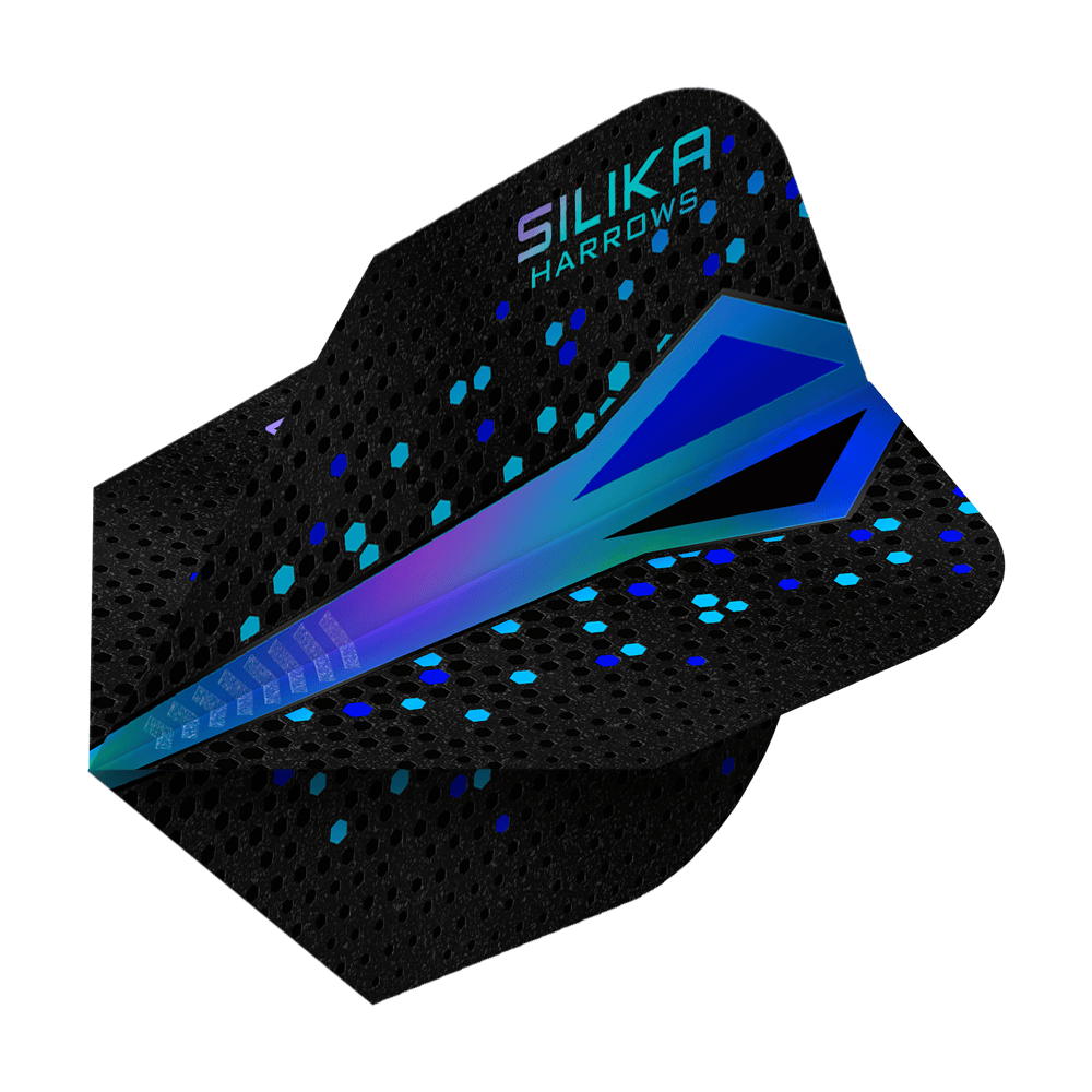 Powłoka krystaliczna Harrows Silika Colourshift Tough Blue No6 Flights Das Bild zeigt ein Dartflight mit dem Namen "Harrows Silika Colourshift Tough Crystalline Coating Blue No6". Das Flight ist überwiegend schwarz mit einem blauen, schimmernden Muster und sechseckigen Akzenten.