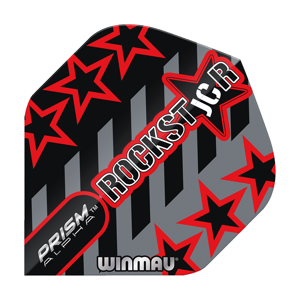 6915-713_Winmau_Prism_Alpha_Joe_Cullen_GreyBlack_Standard_Flights_1 Das Bild zeigt das Winmau Prism Alpha Joe Cullen GreyBlack Standard Flight. Das Design ist grau und schwarz mit roten Sternen und dem Schriftzug "ROCKSTAR".