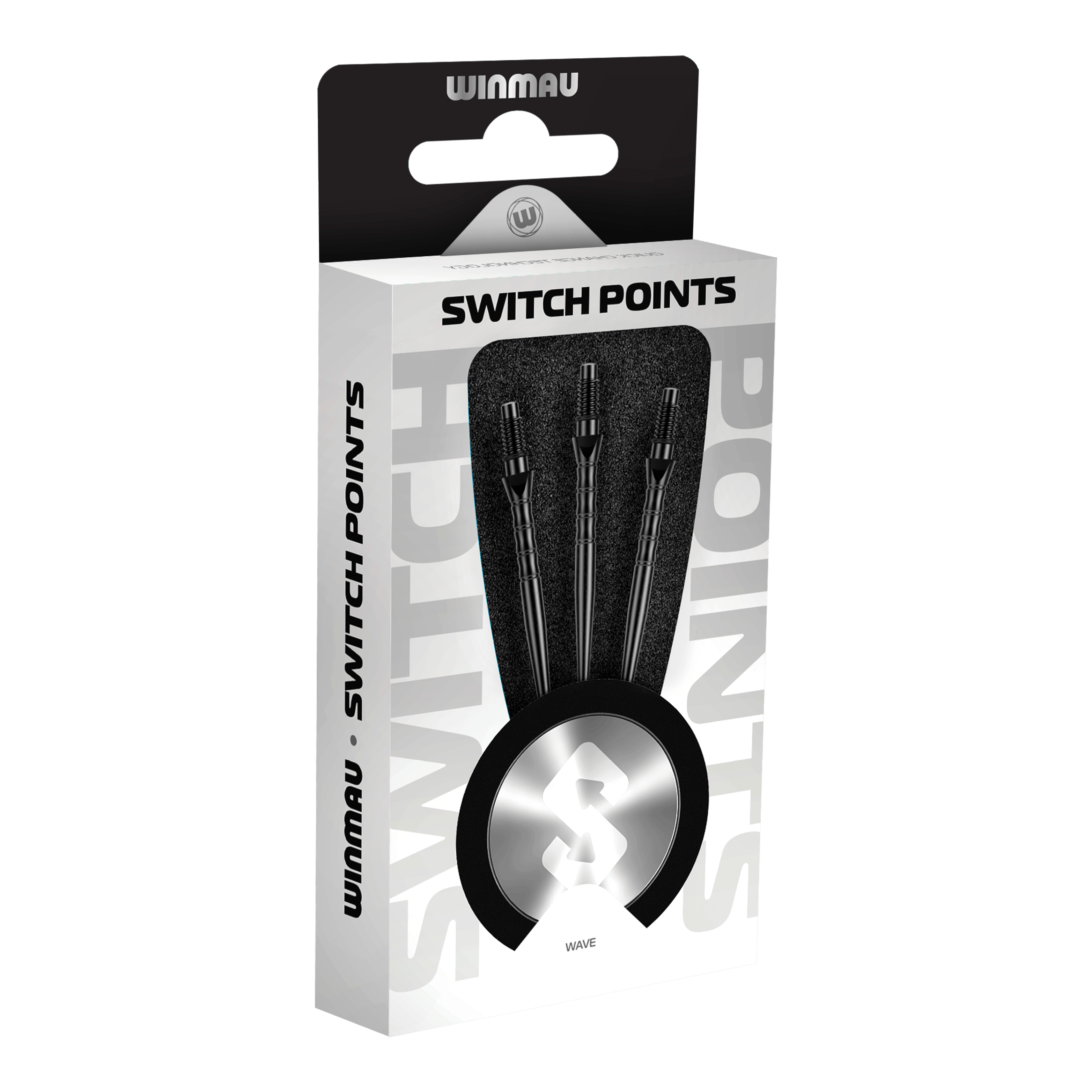 Zu sehen sind die Winmau Switch Point Wave Steeldartspitzen in Schwarz. Diese Steeldartspitzen eignen sich optimal für ein präzises Dartspiel.