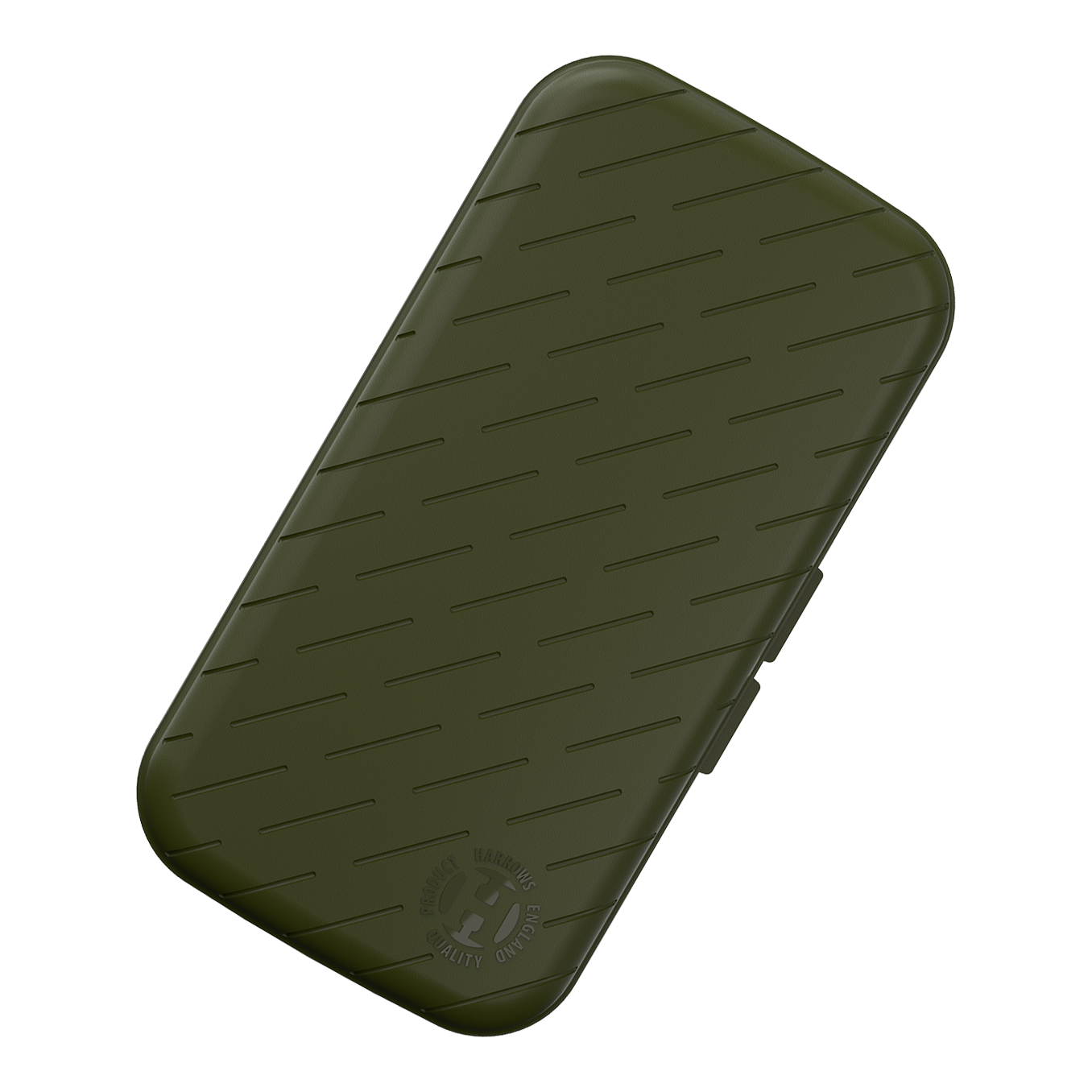 Das Bild zeigt ein schlankes, grünes Etui mit leicht abgeschrägten Kanten und schrägen Linien als Muster. In der unteren Ecke befindet sich ein rundes Logo mit der Aufschrift "HARROWS ORIGINAL QUALITY PRODUCT".