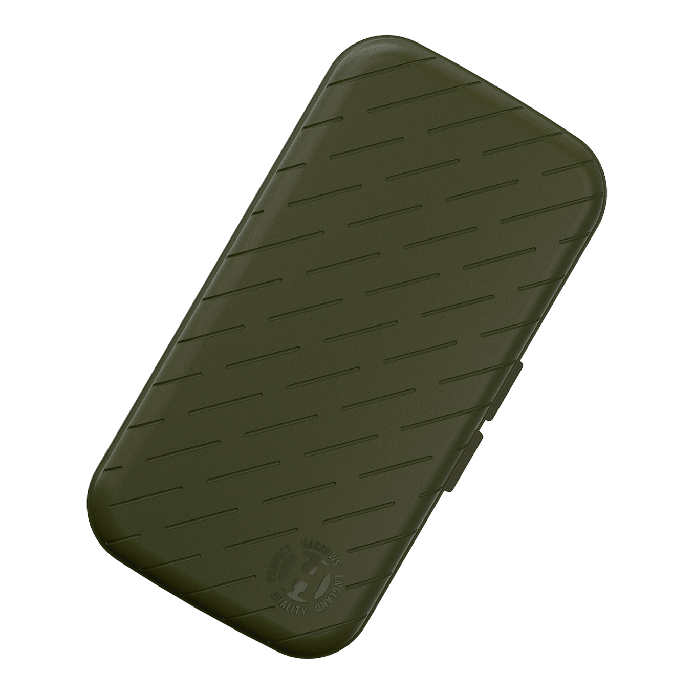 Etui na lotki Harrows Slimcase Das Bild zeigt ein schlankes, grünes Etui mit leicht abgeschrägten Kanten und schrägen Linien als Muster. In der unteren Ecke befindet sich ein rundes Logo mit der Aufschrift "HARROWS ORIGINAL QUALITY PRODUCT".