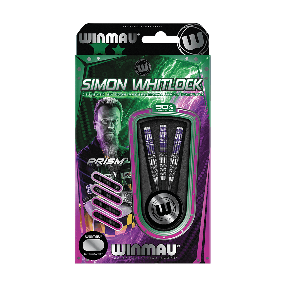 Lotki stalowe Winmau Simon Whitlock Special Edition 2020 Die Abbildung zeigt das Produkt „Winmau Simon Whitlock Special Edition 2020 Steeldarts“ in der Originalverpackung. Auf der Verpackung sind drei Steeldarts und ein Bild von Simon Whitlock zu sehen.
