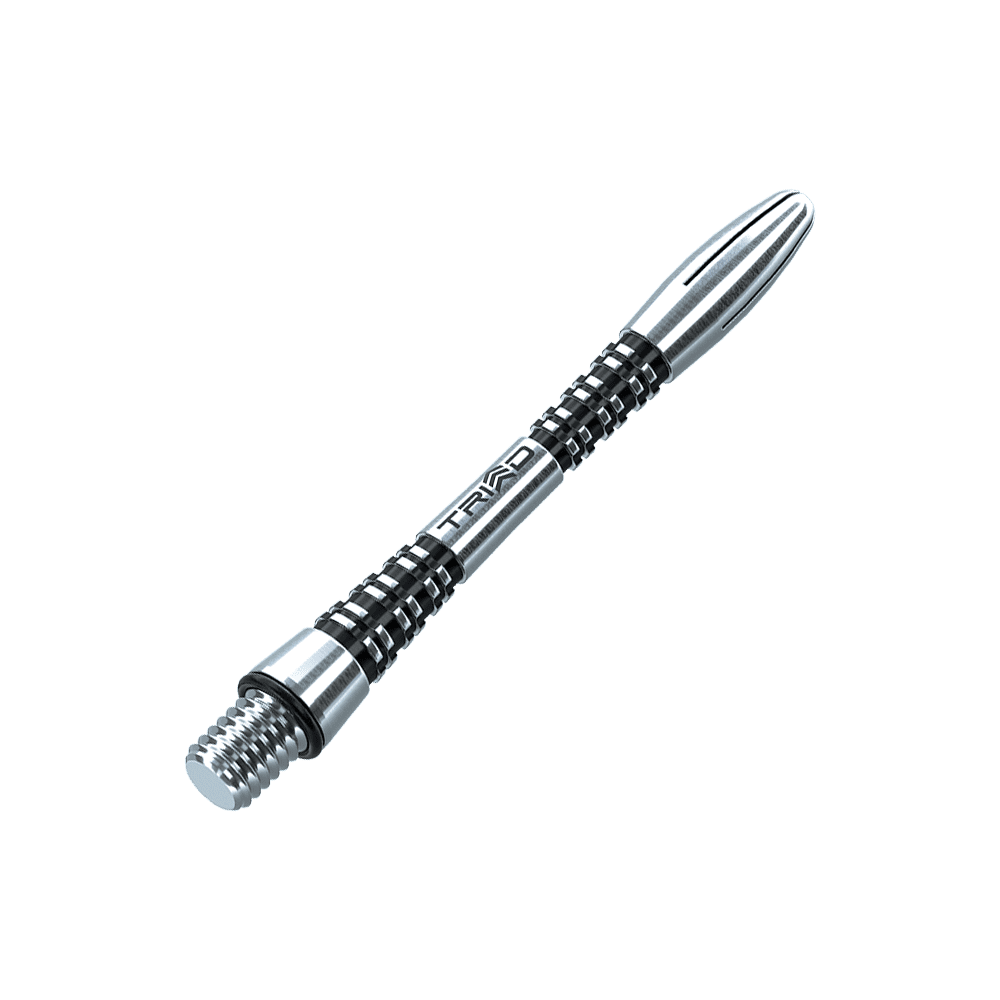 Das Bild zeigt einen Winmau Triad Aluminium Schaft in Schwarz. Der Schaft hat ein modernes, geriffeltes Design und ist aus Metall gefertigt.