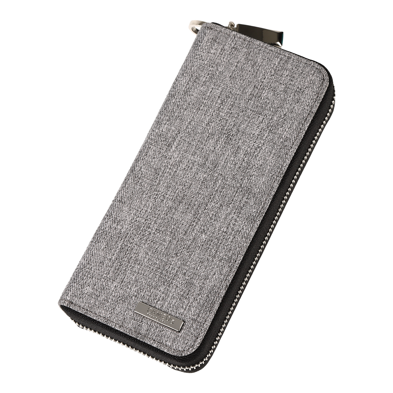 Przypadek biznesowy Cameo Pro3 Das Bild zeigt ein graues Etui mit Reißverschluss. Das Etui hat eine strukturierte Oberfläche und ein kleines Metallschild auf der Vorderseite.